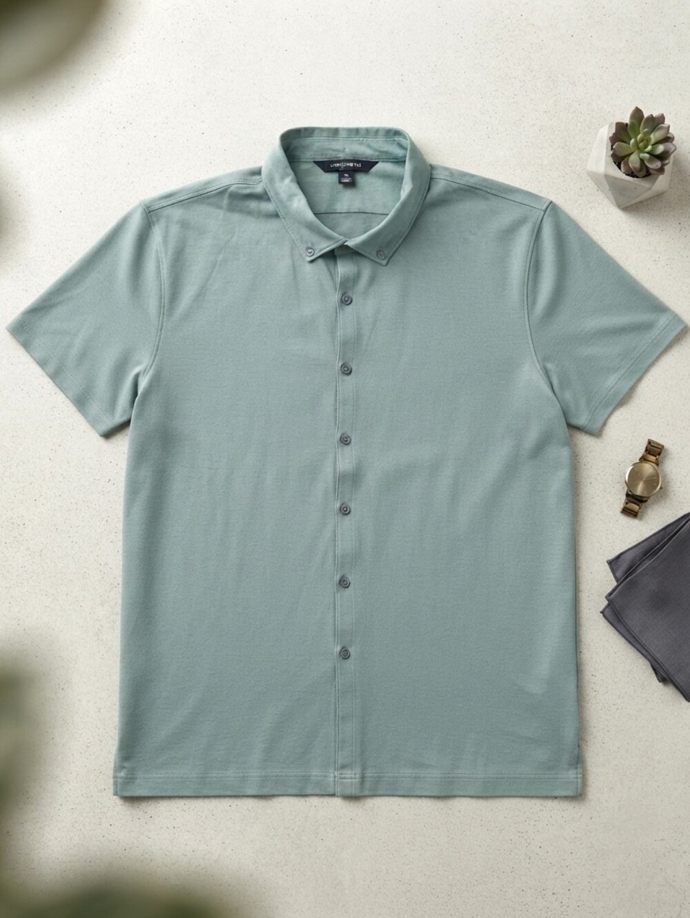 Mercer + Mettle Sage Green Pique Full Button Polo Shirt Sz XL
